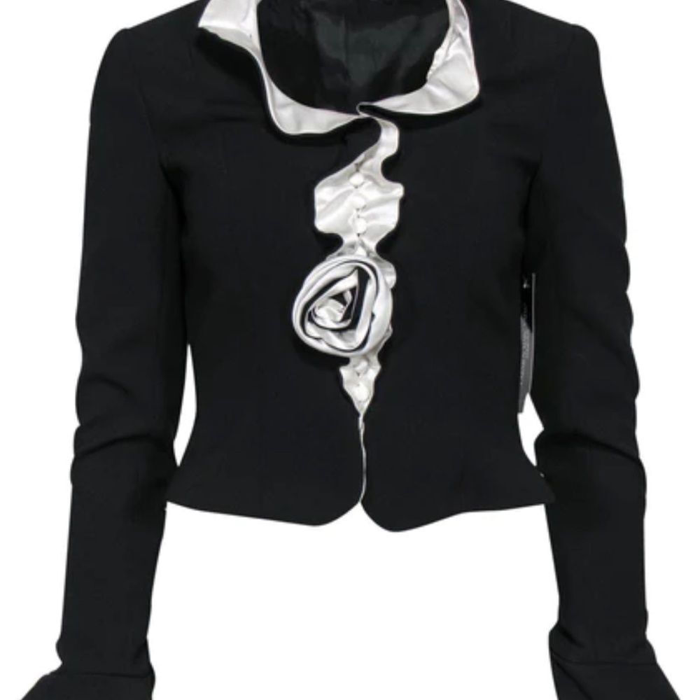 Satin‎ Trim Ruffle Top Blazer Black Exquisite Carmen Marc Valvo Sz 10